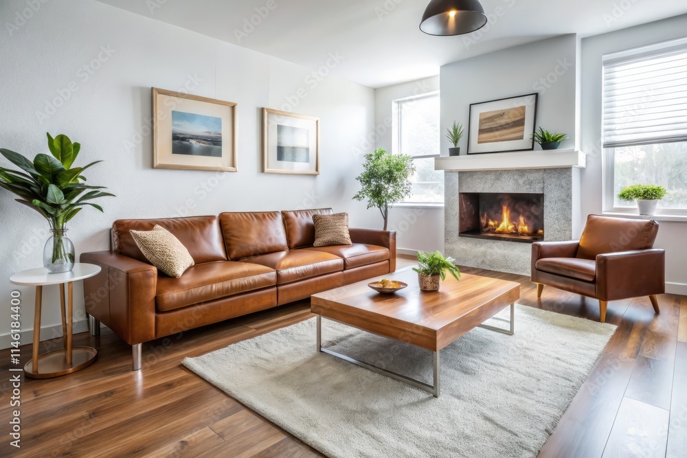 Minimalist Living Room Design: Bird's Eye View of Fireplace, Brown Leather Sofa & Wooden Table Minimalist Living Room Design: Bird's Eye View of Fireplace, Brown Leather Sofa & Wooden Table