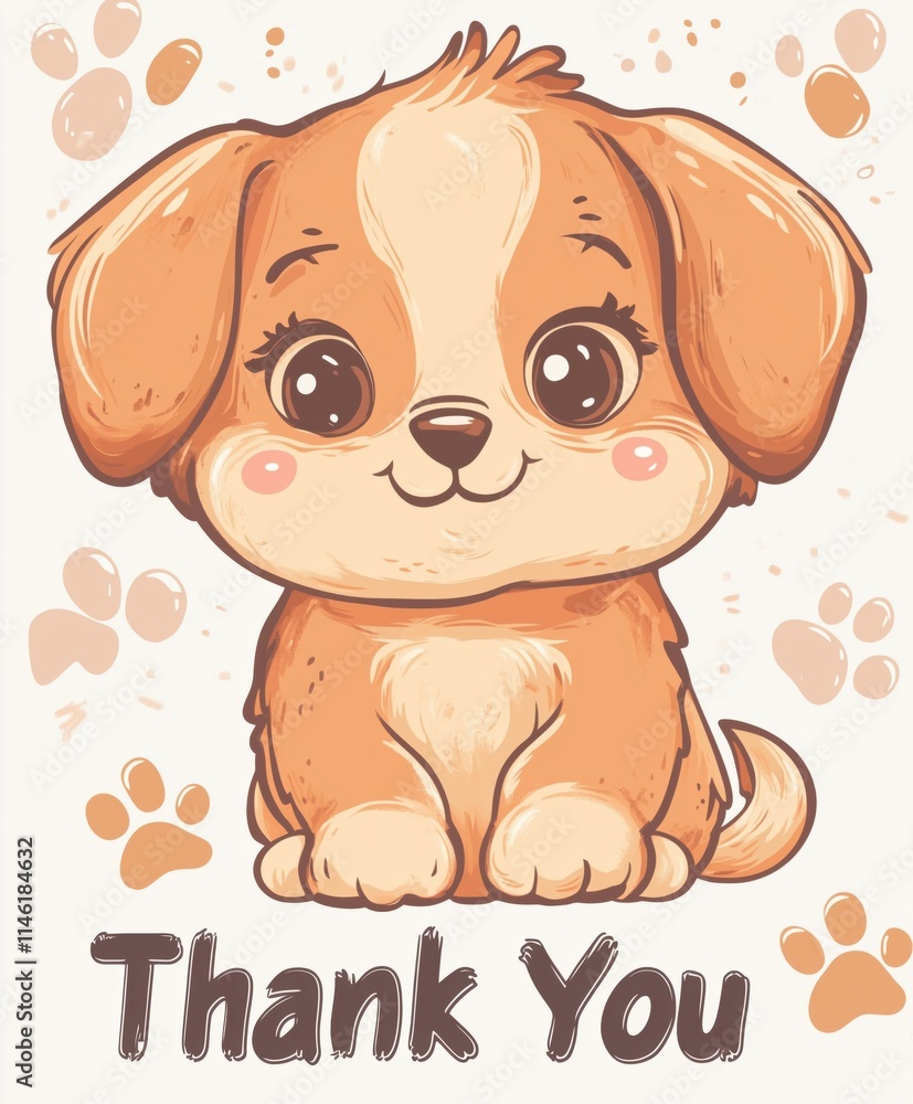 Obraz premium Cute cartoon puppy illustration with paw prints and thank you text