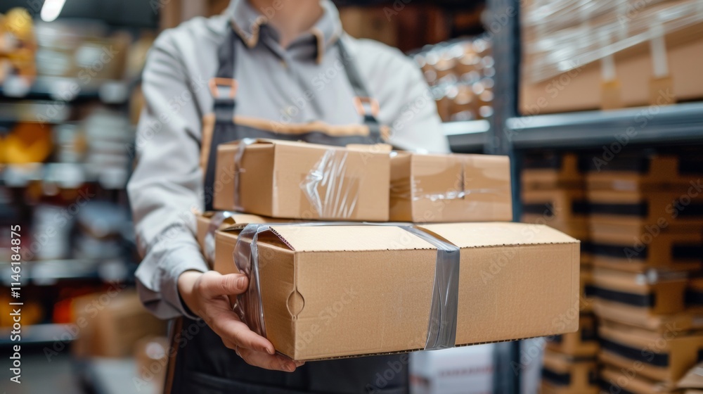 Delivery worker holding cardboard boxes in a warehouse Delivery worker holding cardboard boxes in a warehouse