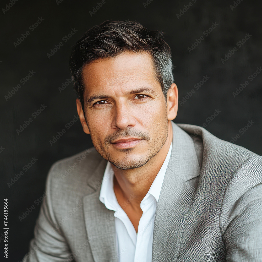 Confident Hispanic man in a suit expressing determination Confident Hispanic man in a suit expressing determination
