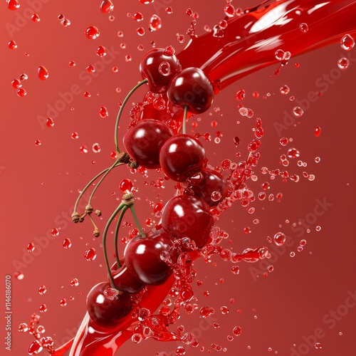 Red cherries in a swirl of cherry juice with splashes.