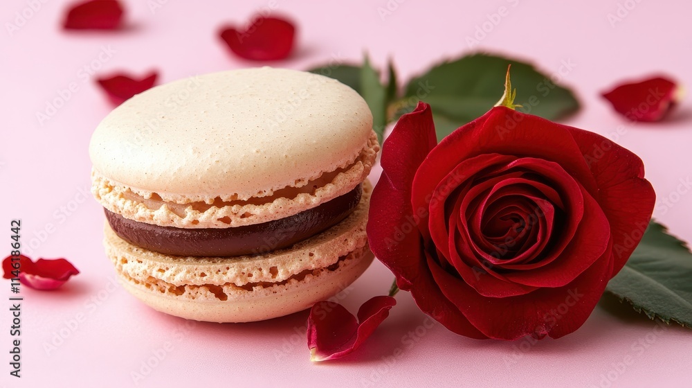 Chocolate macaron with a red rose, perfect for Valentine's Day. Ideal for romantic themes, desserts, and love-related concepts. Chocolate macaron with a red rose, perfect for Valentine's Day. Ideal for romantic themes, desserts, and love-related concepts.