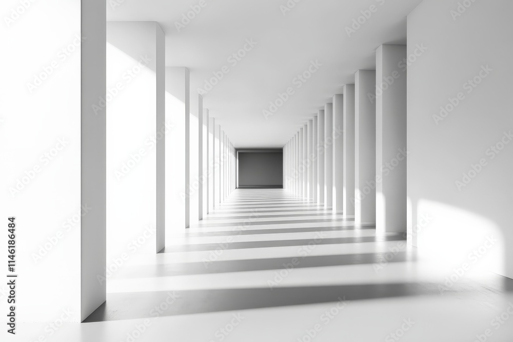 Fototapeta premium A minimalist white corridor with sleek design elements showcases the dramatic interplay of shadows, creating a serene and modern architectural wonder.