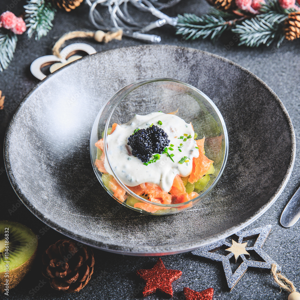 Kiwi salmon cream cheese and lumpfish roe verrine in studio