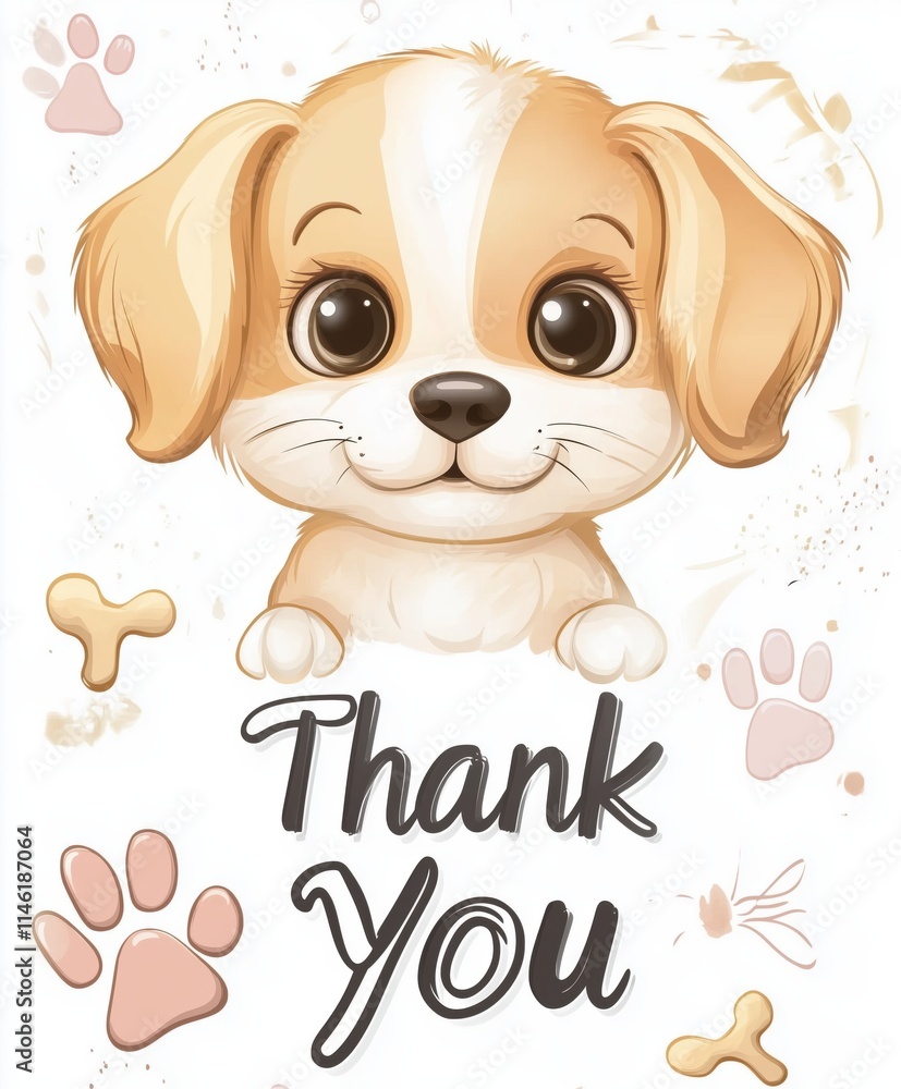 Obraz premium Illustration of a happy puppy with 'Thank You' text, surrounded by paw prints and pastel tones