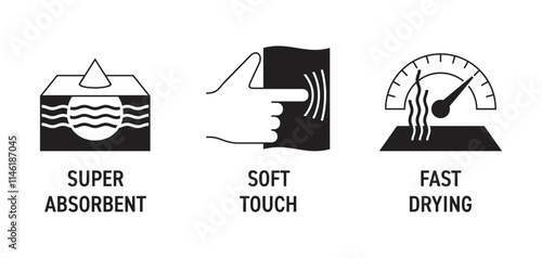 Microfiber towel or cloth icons - Super Absorbent, Soft Touch, Fast Drying. In monochrome style