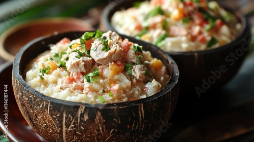 Delicious chicken and vegetable rice served in coconut shells. Perfect for blogs, articles about healthy eating, and recipes.