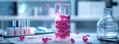 test tube with hearts in the laboratory. Selective focus.
