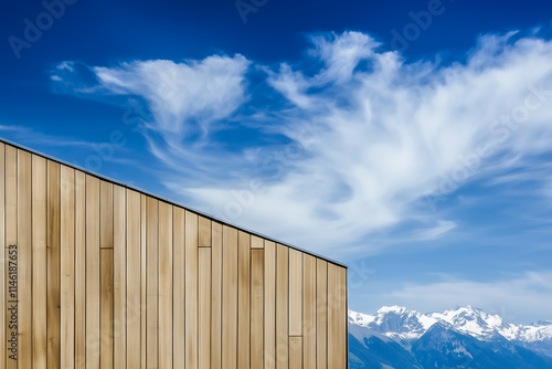 Detail of a modern wooden house in the Cubist style, nestled in an alpine setting
