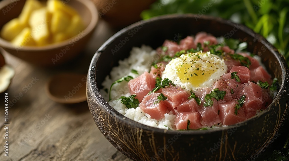 Delicious poke bowl with rice, tuna, and egg. Perfect for showcasing healthy, vibrant cuisine. Delicious poke bowl with rice, tuna, and egg. Perfect for showcasing healthy, vibrant cuisine.