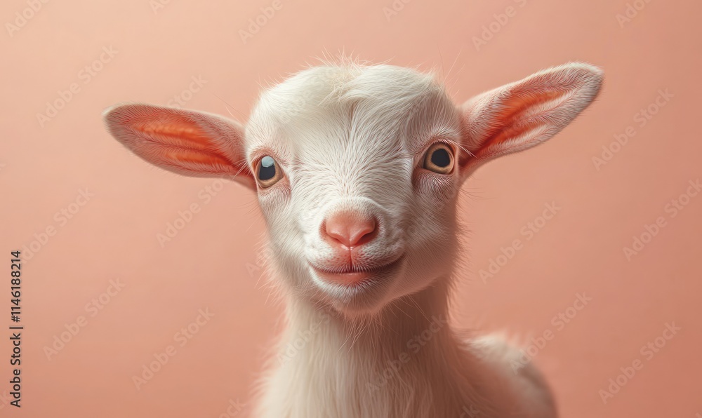 Adorable white baby goat kid portrait against a peach background. Adorable white baby goat kid portrait against a peach background.