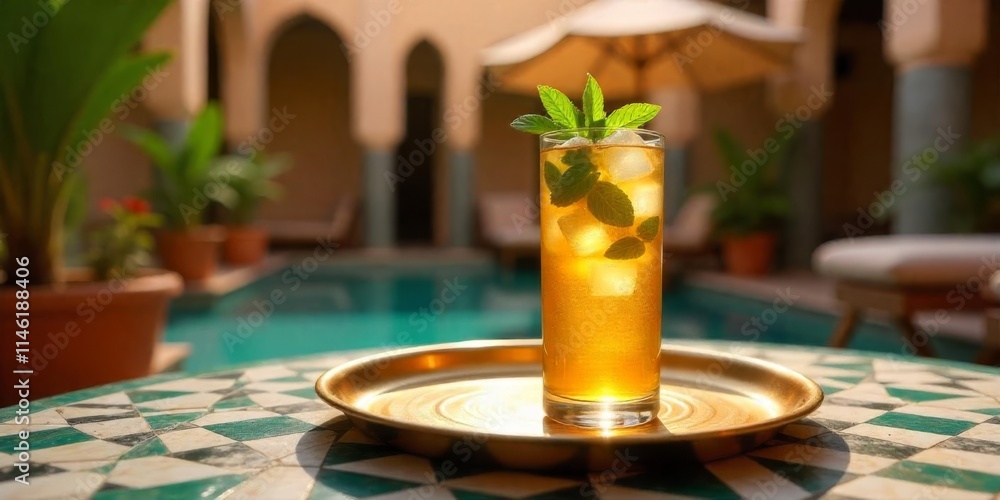 Refreshing mint tea served in a traditional setting near a pool in a warm, sunny atmosphere Refreshing mint tea served in a traditional setting near a pool in a warm, sunny atmosphere
