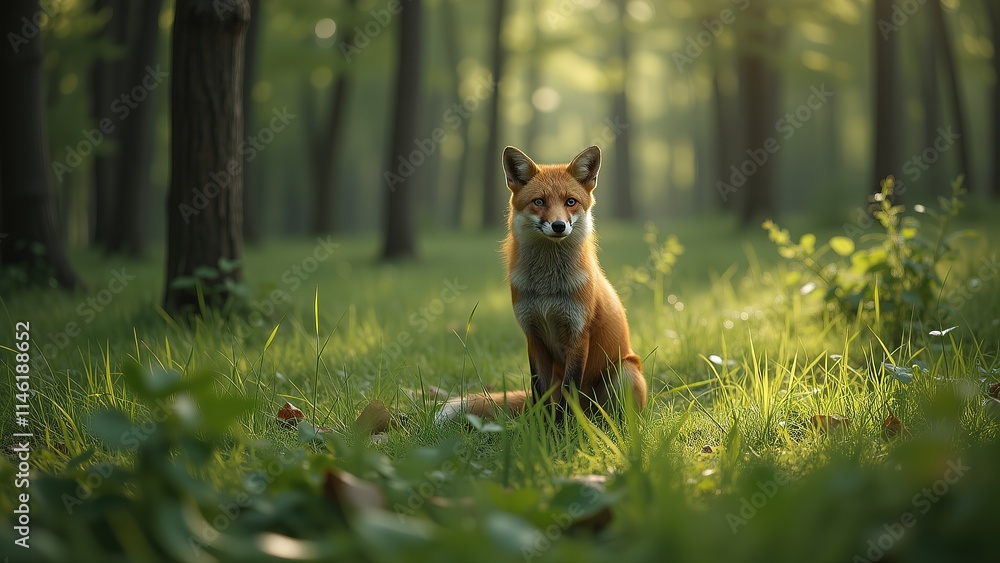 Fox Sitting in Sunlit Forest Clearing. Fox Sitting in Sunlit Forest Clearing.