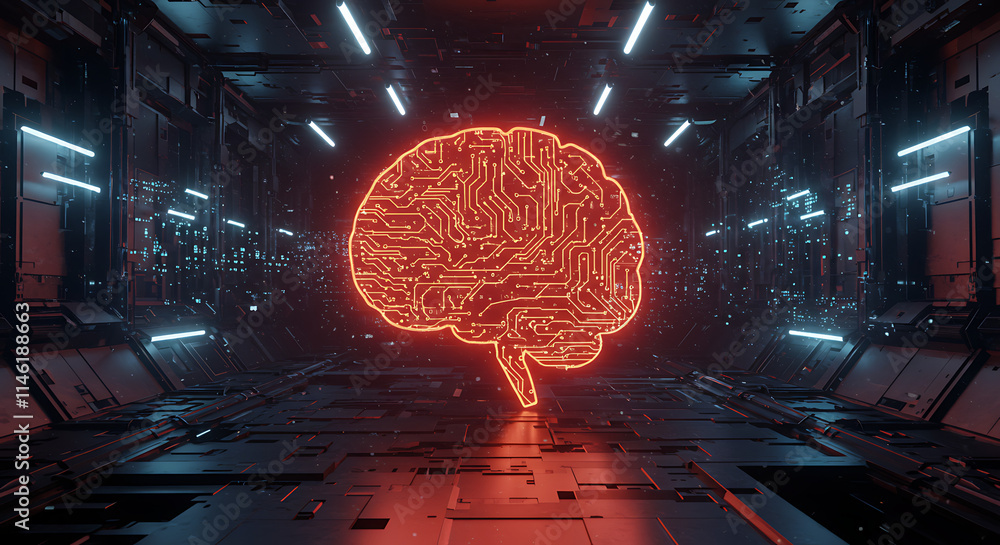Obraz premium Futuristic AI Brain Circuitry Neon Glow in Tech Corridor
