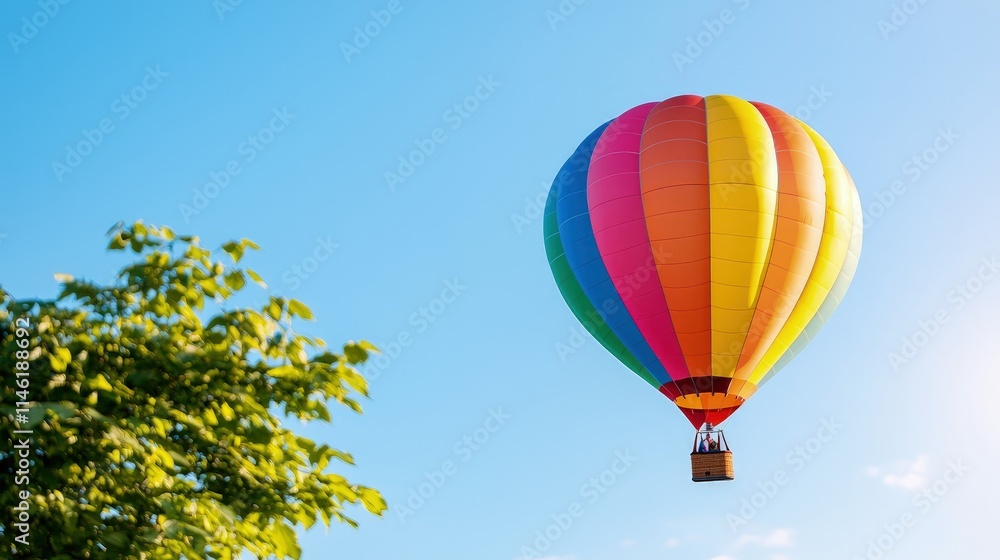 Fototapeta premium Colorful hot air balloon soaring in a clear blue sky, near green foliage.
