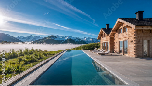 Modern Swiss wooden house or chalet with an infinity pool in the midst of an alpine landscape