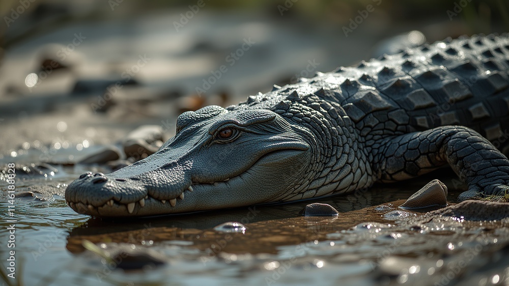 Crocodile Resting on Riverbank in Soft Light. Crocodile Resting on Riverbank in Soft Light.