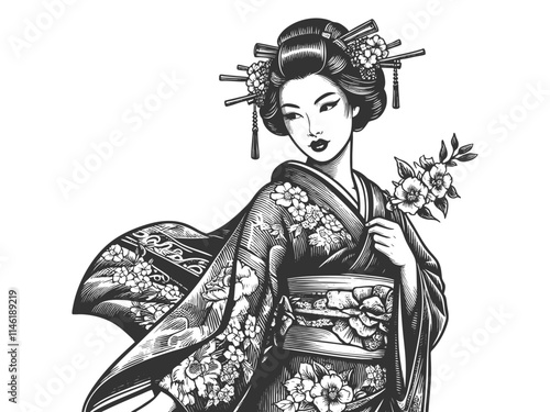 geisha in a floral-patterned kimono, asian woman sketch engraving generative ai fictional character vector illustration. Scratch board imitation. Black and white image.