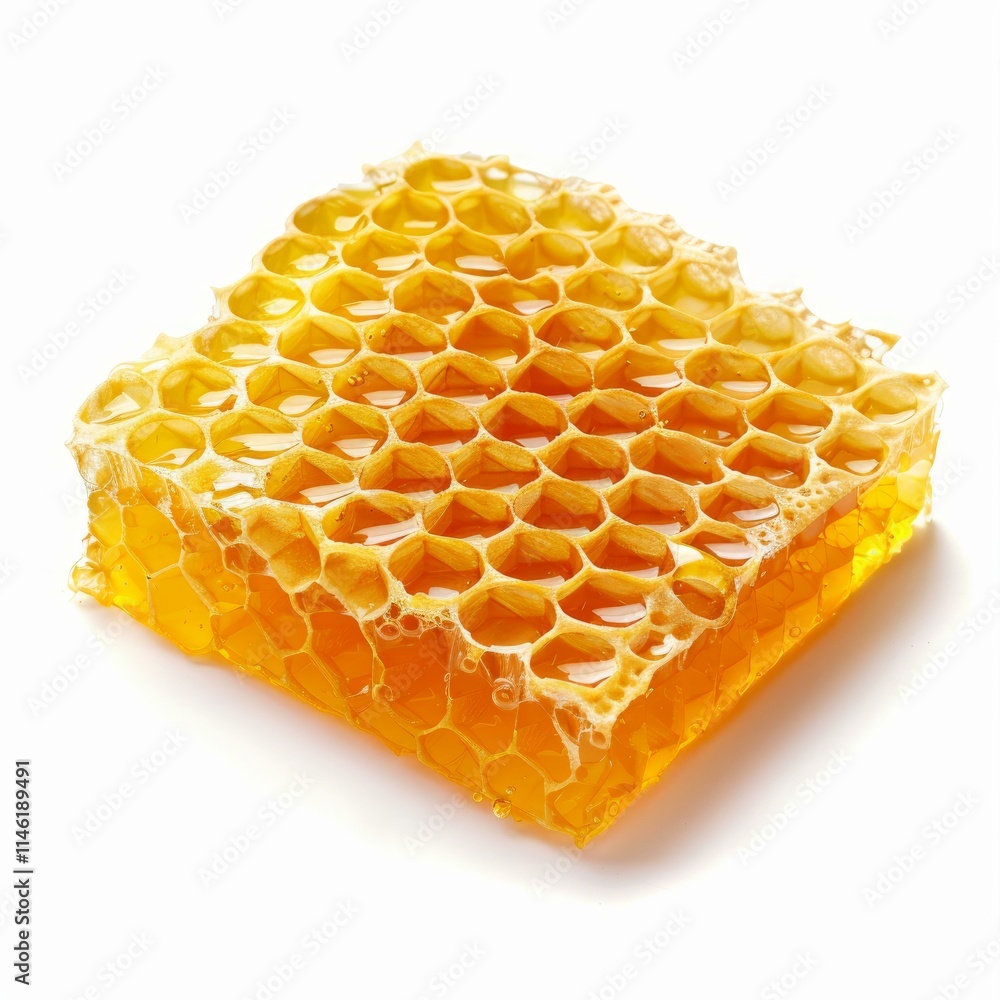 Honeycomb dripping with delicious golden honey on white background, representing natural sweetness and beekeeping Honeycomb dripping with delicious golden honey on white background, representing natural sweetness and beekeeping