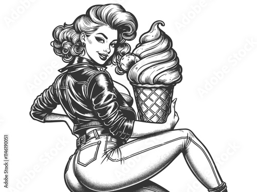 pin-up woman in a leather jacket, hugging a giant soft-serve ice cream cone, playful imagery sketch engraving generative ai vector illustration. Scratch board imitation. Black and white image.