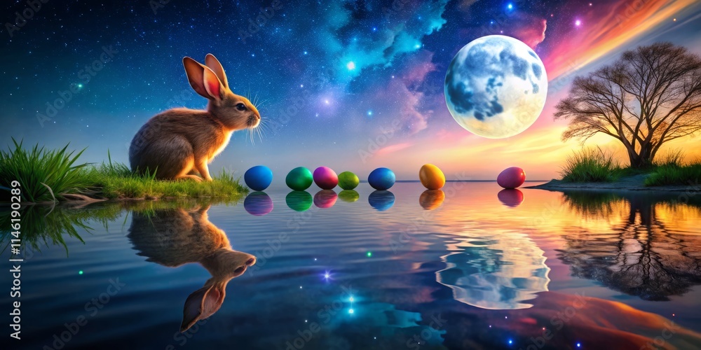 Night Lake Easter Bunny Egg Hunt - Surreal Fantasy Art, Rule of Thirds Composition Night Lake Easter Bunny Egg Hunt - Surreal Fantasy Art, Rule of Thirds Composition
