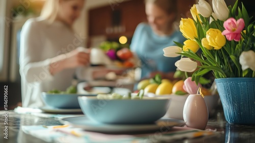 Caucasian couple setting the table for a joyful easter dinner celebration together