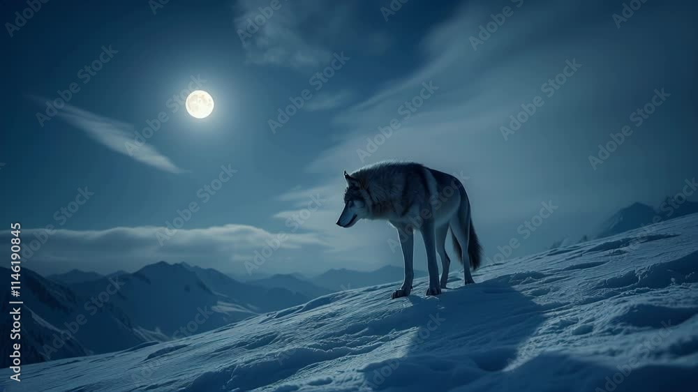 Lone Wolf Standing on Snowy Mountain Under Full Moon. Lone Wolf Standing on Snowy Mountain Under Full Moon.