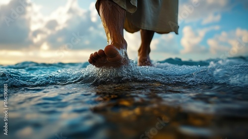Fototapeta Naklejka Na Ścianę i Meble -  Close up view of jesus walking on water  a low angle shot of his feet amidst a turbulent sea