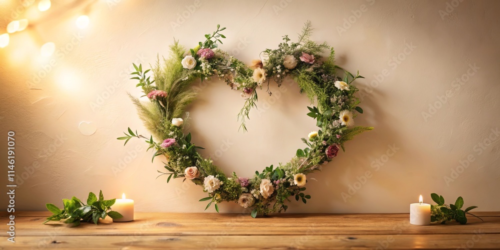 Floral Heart Wreath with Candles on Wooden Surface Floral Heart Wreath with Candles on Wooden Surface