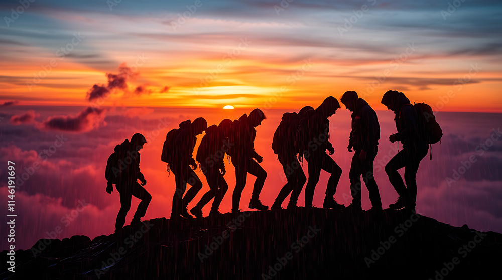 Silhouette of People Hiking on Mountains: Teamwork and Collaboration Concept Silhouette of People Hiking on Mountains: Teamwork and Collaboration Concept