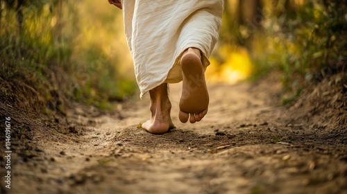 Close up of jesus  feet walking on a dusty pathway surrounded by a tranquil landscape photo