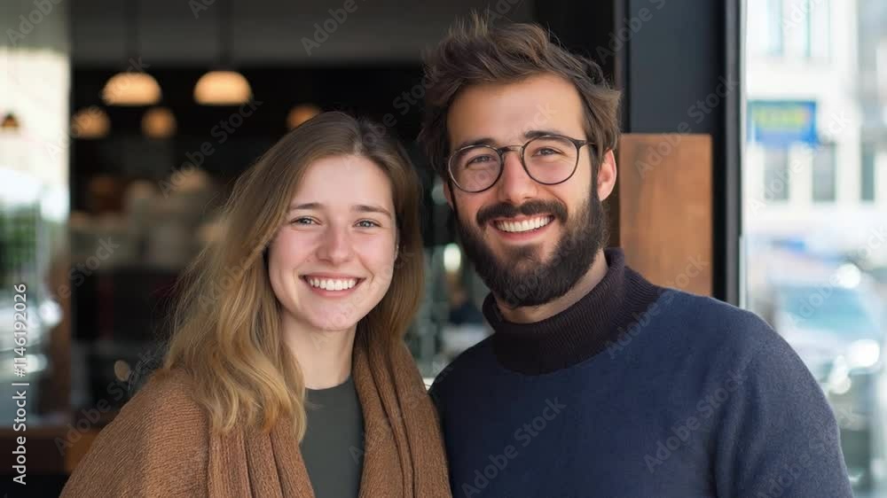 Smiling friends couple posing together inside a cozy cafe with natural light during a bright afternoon Smiling friends couple posing together inside a cozy cafe with natural light during a bright afternoon