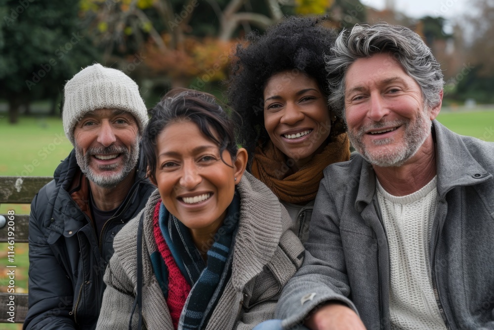Multi-ethnic group of friends smiling at the camera in the park Multi-ethnic group of friends smiling at the camera in the park
