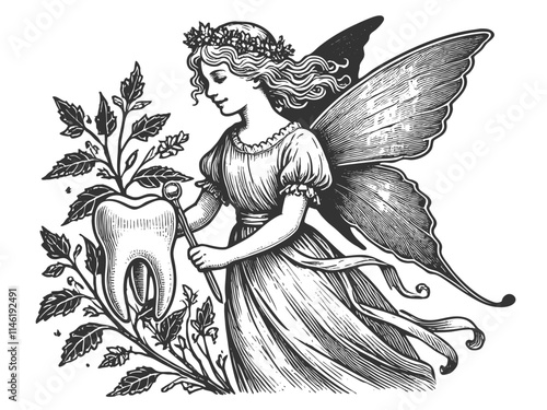 tooth fairy holding a toothbrush and tooth, surrounded by elegant floral elements and fairy wings sketch engraving generative ai vector illustration. Scratch board imitation. Black and white image.