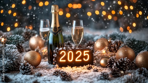 Elementos de año nuevo y navidad con el letrero 2025 photo