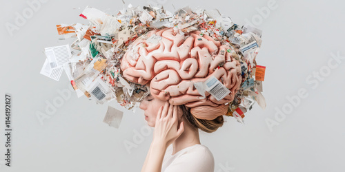 Digital brain rot emerging from pile of web pages and e waste, symbolizing information overload photo