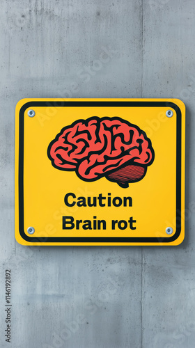 Caution sign with brain icon warning about brain rot photo