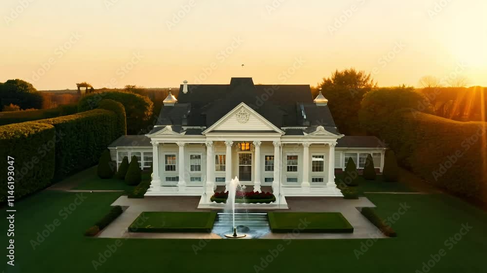 Tracking video follows a colonial revival mansion with symmetrical