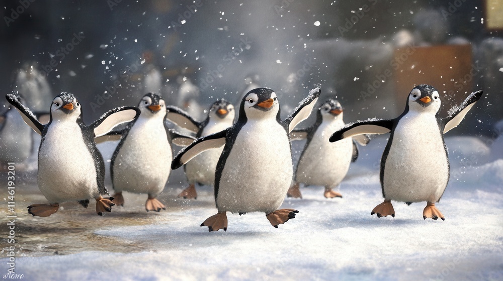 a group of penguins waddling in sync, resembling a coordinated dance routine on icy terrain. a group of penguins waddling in sync, resembling a coordinated dance routine on icy terrain.