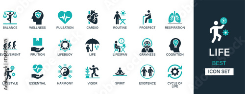 Life icon set collection. Balance, wellness, pulsation, cardio, routine, prospect, respiration, evolvement, fruition, lifebuoy, life and best solid icon set.