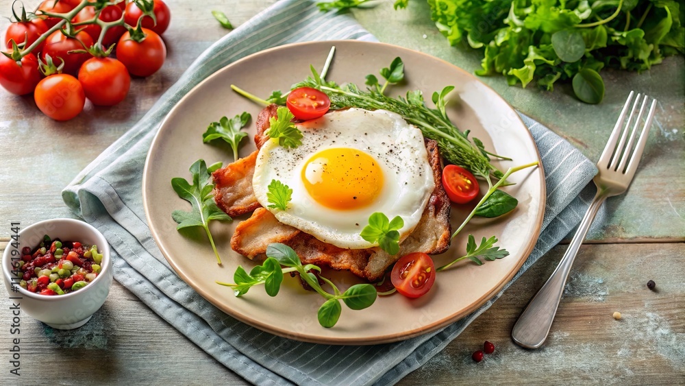 Delicious fried egg and crispy bacon breakfast served with fresh greens and cherry tomatoes Delicious fried egg and crispy bacon breakfast served with fresh greens and cherry tomatoes
