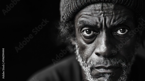 A Black and White Portrait of an Elderly Man, with Deep-Set Eyes and a Serious Expression