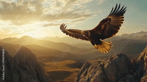 magnificent eagle soaring high above mountains, wings spread wide, symbolizing freedom and vision, perfect for dynamic and inspiring imagery photo