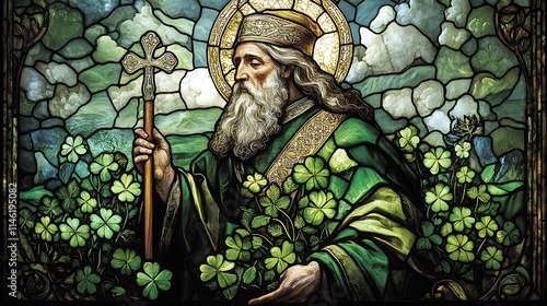 Saint Patrick portrayed in a stunning stained-glass style, raising his staff to bless a field of shamrocks, glowing vibrant green and white hues,