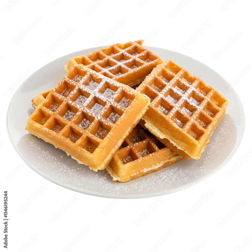 A plate of freshly made waffles with powdered sugar A plate of freshly made waffles with powdered sugar