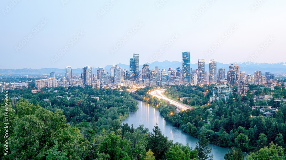 Naklejka premium Panoramic city skyline at dusk, river, highway, and mountains.
