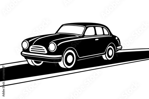 A vintage car on a road vector silhouette on white background