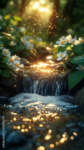 Vertical Forest Stream with Cascading Waterfalls and Wild Anemones Flowers, Illuminated by Warm Sunlight, Perfect for Nature Themes, Relaxation, or Seasonal Concepts