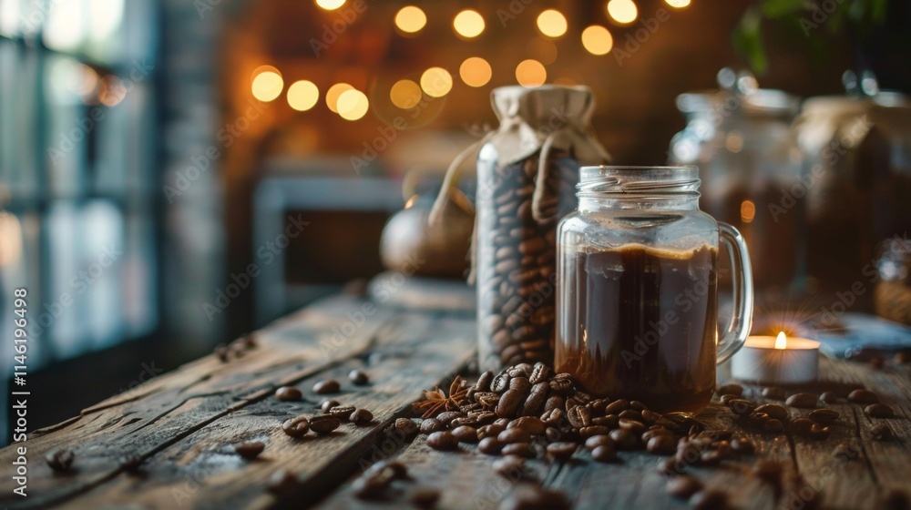 Warm cozy cafe setup with coffee jars and soft lighting Warm cozy cafe setup with coffee jars and soft lighting