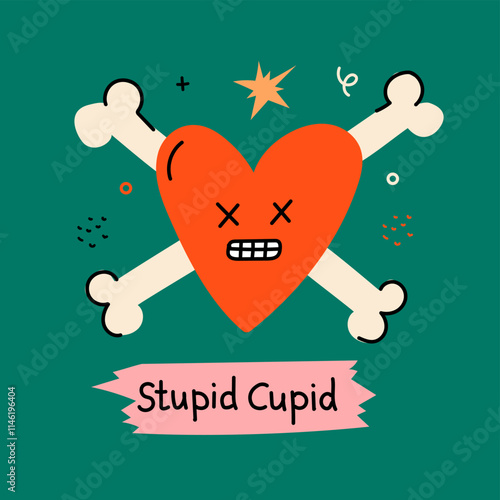 Anti-valentine day concept card. The broken dead heart and Stupid Cupid illustration. Doodle style clipart.